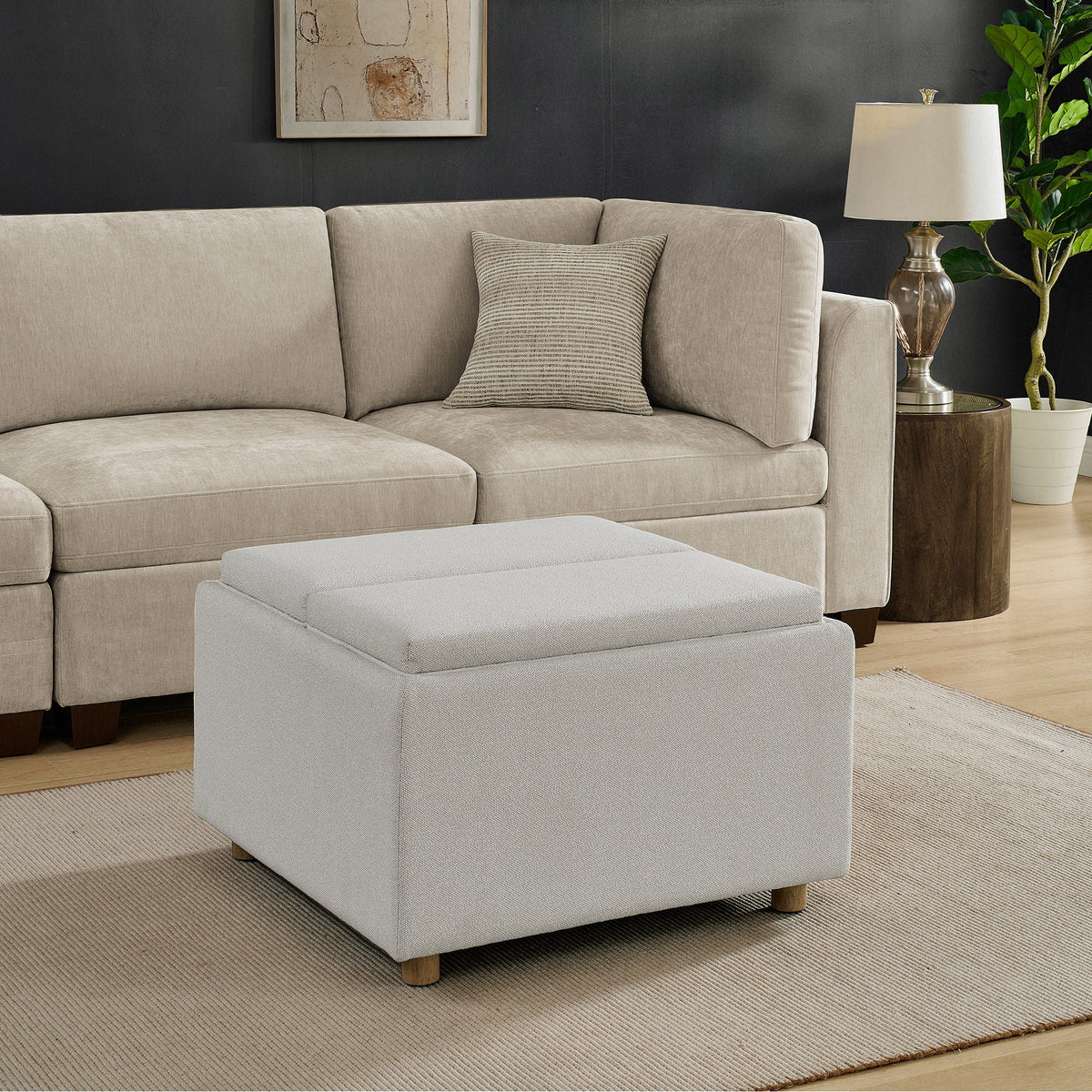 Henredon Sona Fabric Storage Ottoman in living room setting, Cream