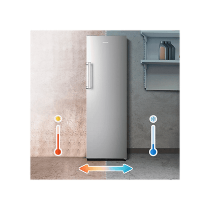 Hisense HFU101N1AVE upright freezer, full front view, stainless look finish