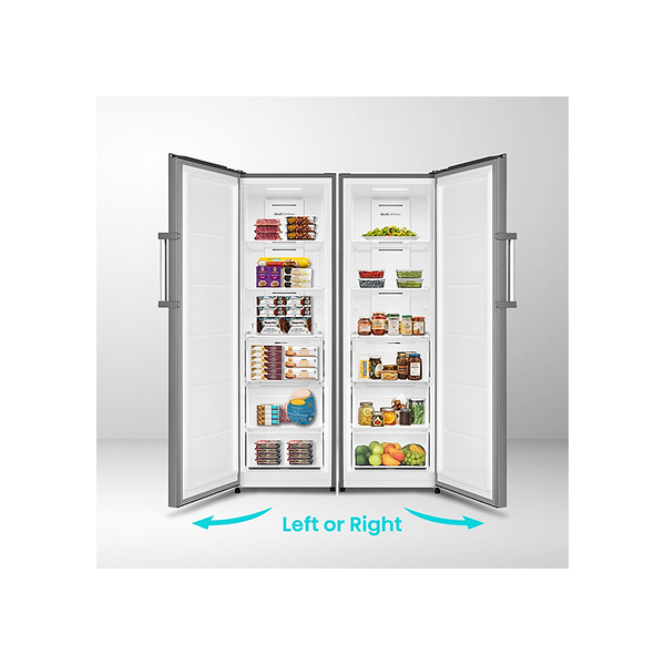 Hisense HFU101N1AVE upright freezer with door open, reversible left or right hinge