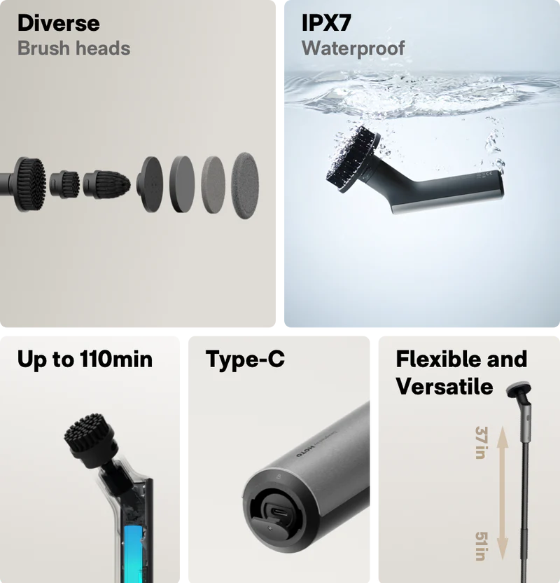 Feature callout collage showing diverse brush heads, IPX7 waterproof rating, up to 110 minutes runtime, Type-C charging, and the flexible 37 to 51 inch extension pole