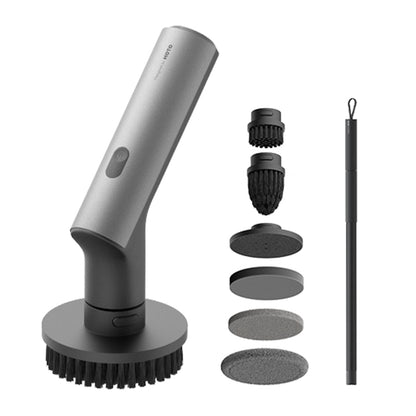 Full kit laid out: the scrubber handle, six interchangeable brush heads, and the telescoping extension pole