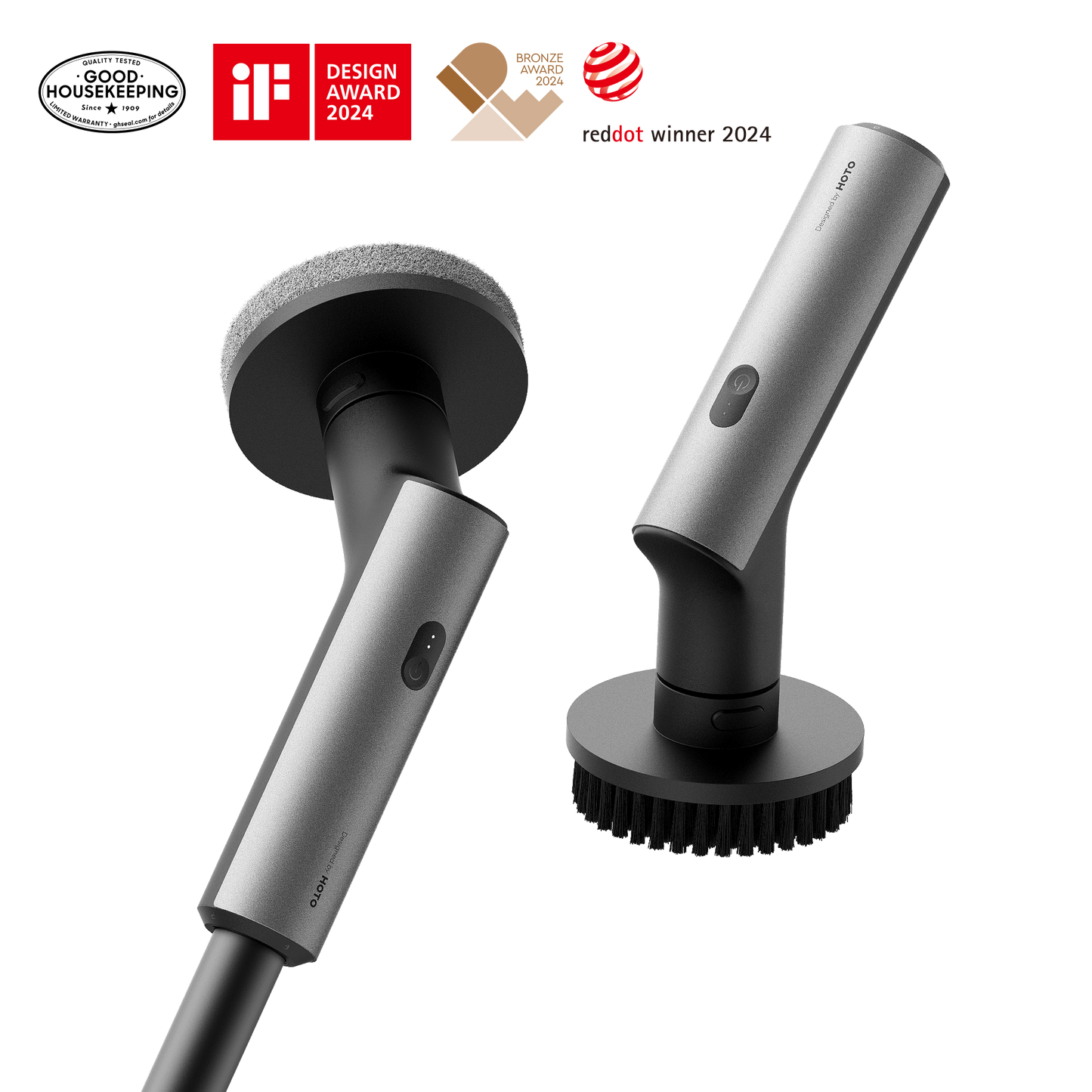 HOTO Cordless Spin Scrubber shown with detachable brush head and handle, iF Design Award, Red Dot, and Bronze Award 2024 badges
