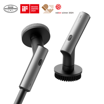 HOTO Cordless Spin Scrubber shown with detachable brush head and handle, iF Design Award, Red Dot, and Bronze Award 2024 badges