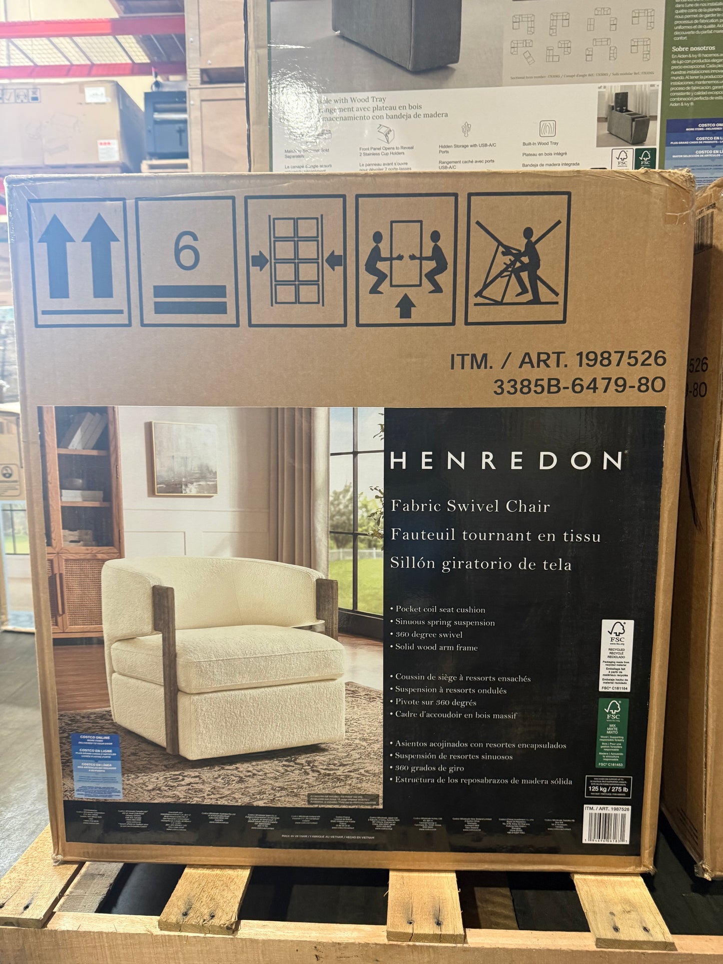 Henredon Wynn Fabric Swivel Chair with Wood Arms | New in Box