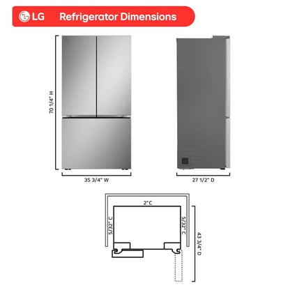 LG LF25Z6211S refrigerator dimension diagram showing height 70-1/4 inches, width 35-3/4 inches, depth 27-1/2 inches