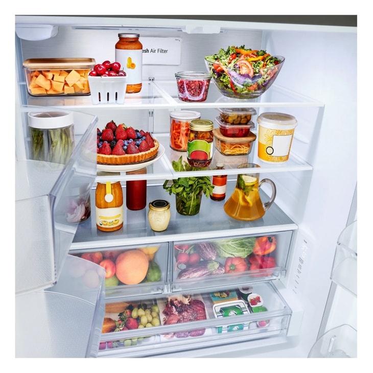 LG LF25Z6211S refrigerator interior stocked with fresh produce and food items