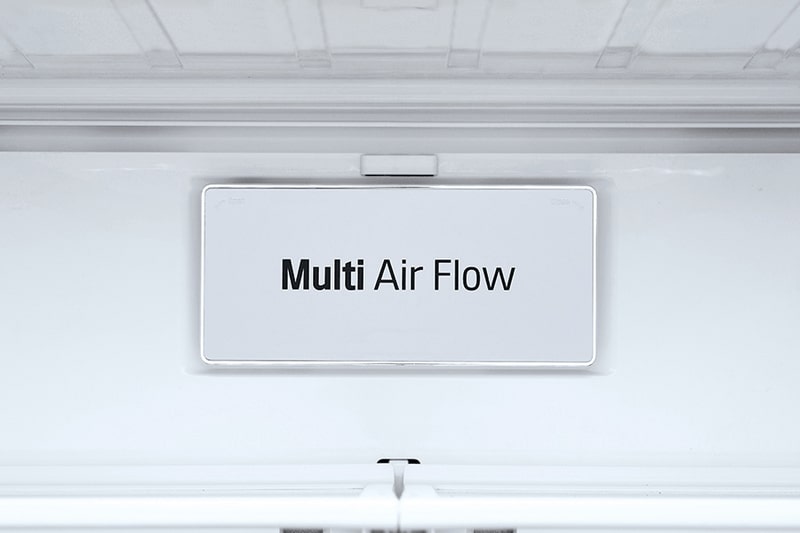Close-up of the Multi Air Flow vent label inside the refrigerator interior