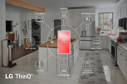 LG ThinQ smart home graphic showing the refrigerator connected to other appliances through the ThinQ app
