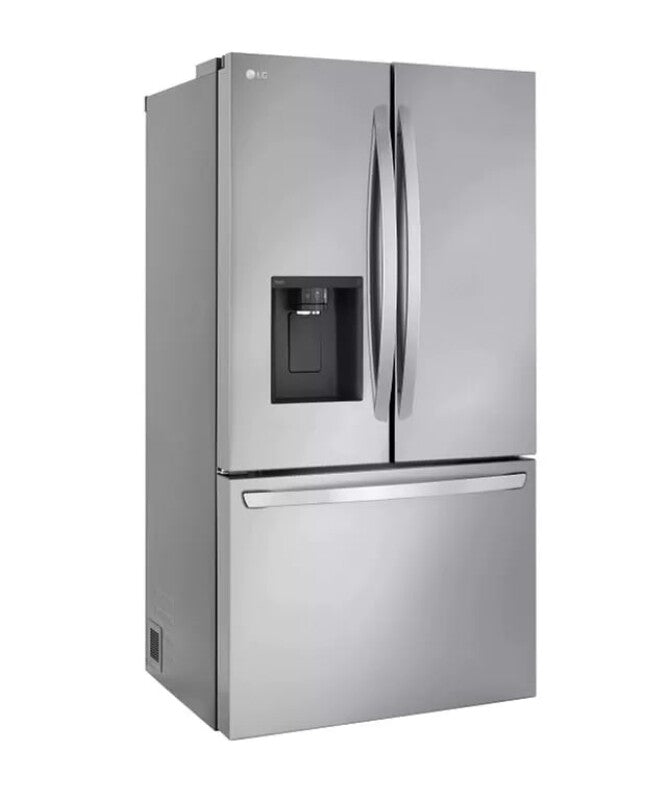 LG LCFC26XSS French door refrigerator, three-quarter angle studio shot, closed doors with external ice and water dispenser