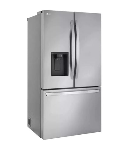 LG LCFC26XSS French door refrigerator, three-quarter angle studio shot, closed doors with external ice and water dispenser