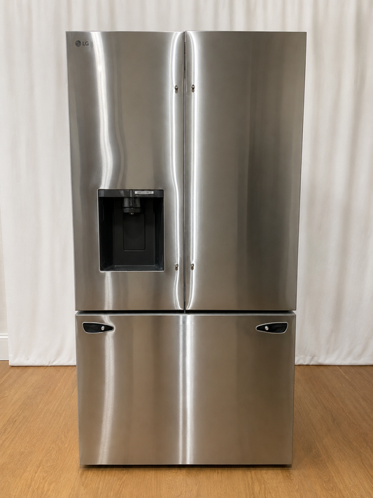LG French door refrigerator, closed doors, front view with external ice and water dispenser, in a warehouse setting
