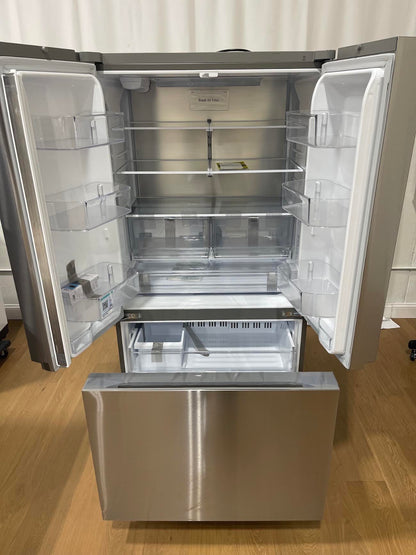 A stainless steel French door refrigerator with both upper doors open, showing the interior shelves and door bins, with the bottom freezer drawer pulled down. 
