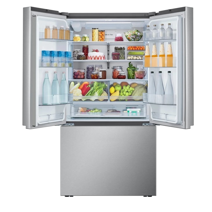 LG French Door Refrigerator interior with both doors open showing shelves stocked with food and beverages