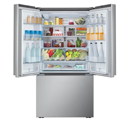 LG French Door Refrigerator interior with both doors open showing shelves stocked with food and beverages