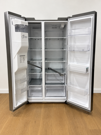 Actual unit with doors open showing the empty interior, adjustable shelves, and SpacePlus Ice System