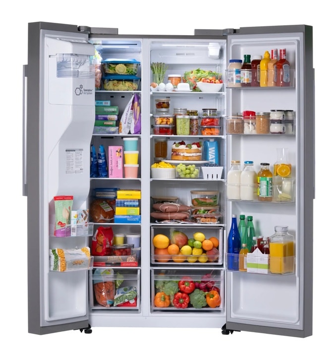 LG LS27T3230S side-by-side refrigerator, doors open, stocked interior alternate angle