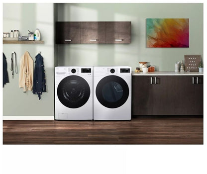 Washer shown paired with a matching LG dryer in a laundry room, lifestyle shot