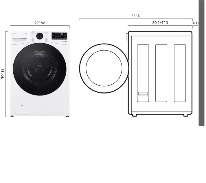 Dimension diagram showing 27 inch width, 39 inch height, 30-1/4 inch depth, and 55 inch depth with door open