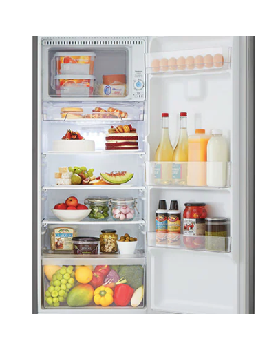 Interior of LG Single Door Refrigerator stocked with food on adjustable shelves and door bins