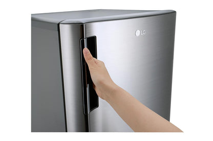 Close-up of a hand opening the curved pocket handle on the LG Single Door Refrigerator