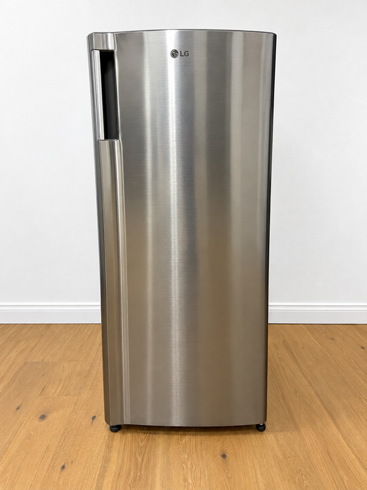 A tall, stainless steel LG refrigerator with a brushed metal finish.
