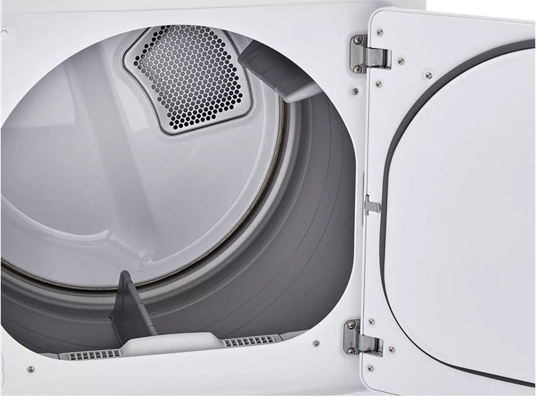 Close-up of the dryer door open showing the empty drum interior