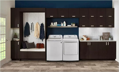 Dryer shown paired with a matching LG top load washer in a mudroom laundry nook, lifestyle shot