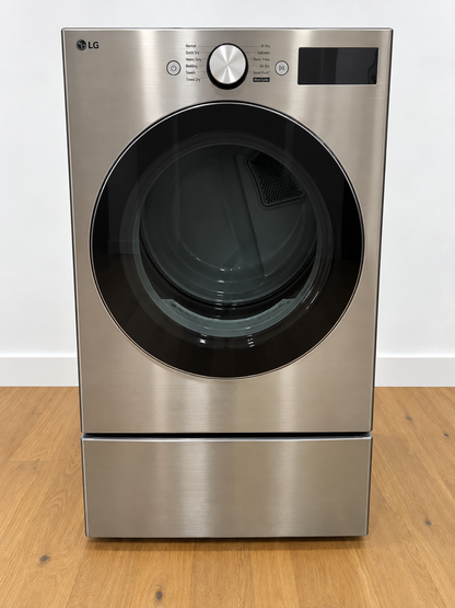 Actual unit: LG DLEX5800V 7.4 cu ft electric dryer in graphite steel, front view, shown on a storage pedestal