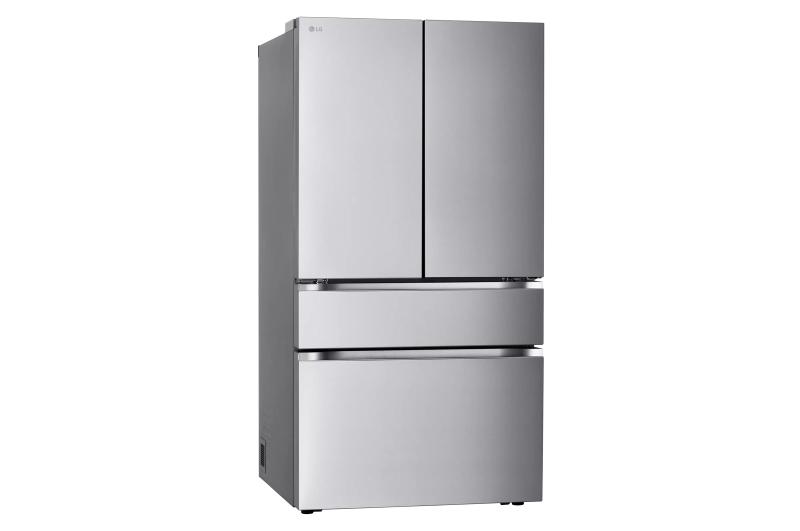 LG refrigerator shown at a three-quarter angle, closed doors, flat stainless steel finish