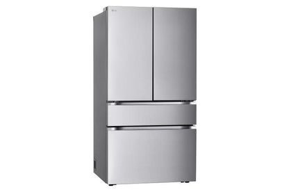 LG refrigerator shown at a three-quarter angle, closed doors, flat stainless steel finish