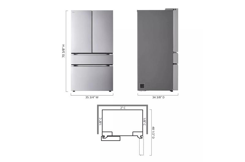Dimension diagram showing 70 3/8 inch height, 35 3/4 inch width, and 34 3/8 inch depth, with no external dispenser