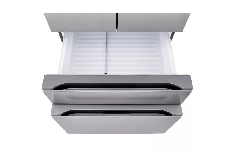 Top-down view of the open Full-Convert freezer drawer and bottom storage drawer