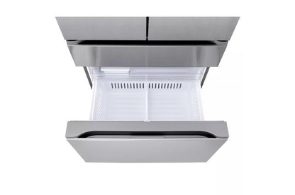 Top-down view of the open freezer drawer showing the interior tray and ridged surface