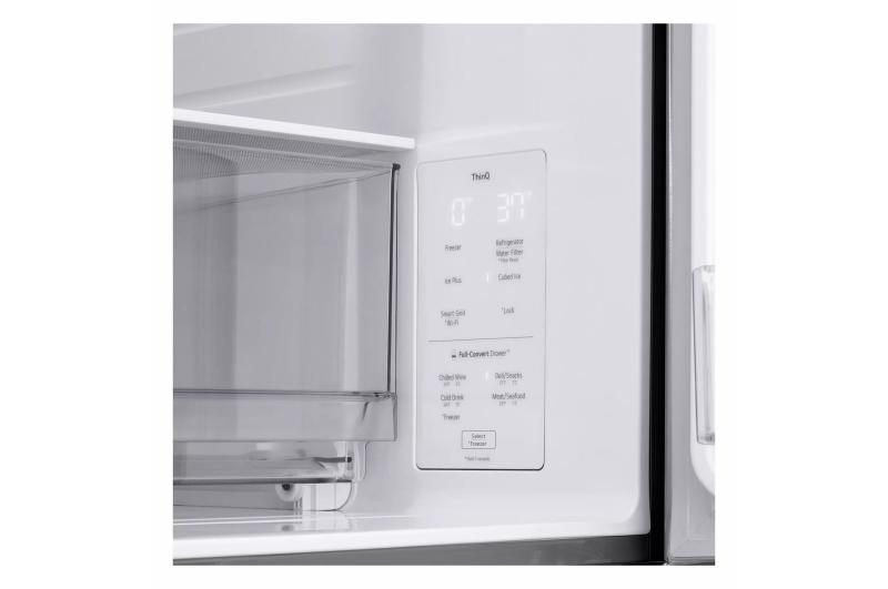 Close-up of the interior ThinQ control panel showing temperature settings and Full-Convert Drawer options