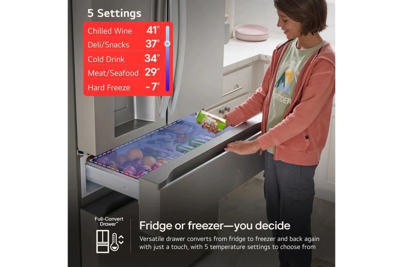 Person using the Full-Convert Drawer feature, selecting one of five temperature settings from chilled wine to hard freeze