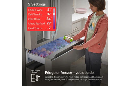 Person using the Full-Convert Drawer feature, selecting one of five temperature settings from chilled wine to hard freeze