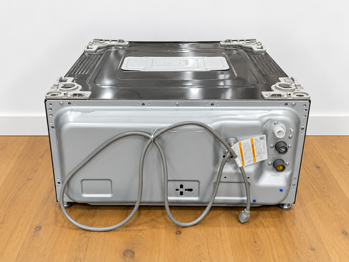 LG WD300CB SideKick rear panel showing water supply hoses and power cord