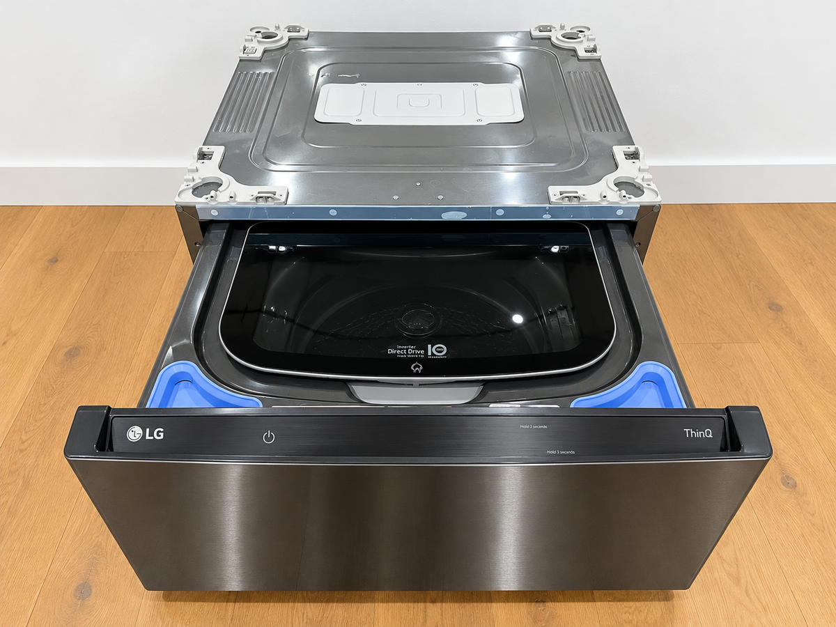 LG WD300CB SideKick front view with drawer open showing wash basin and LG ThinQ panel