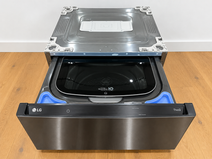 LG WD300CB SideKick front view with drawer open showing wash basin and LG ThinQ panel