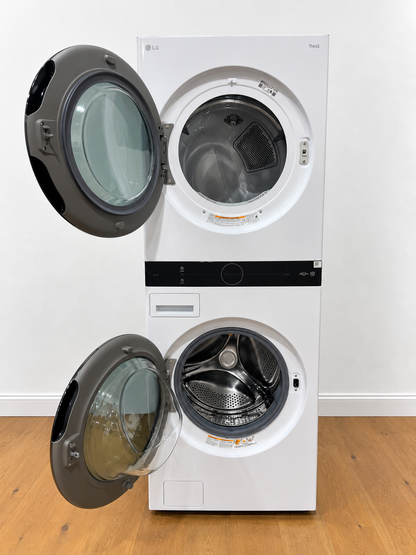 LG WKGX201HWA WashTower with both dryer and washer doors open showing empty drums