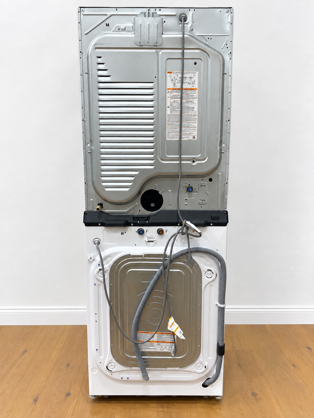 LG WKGX201HWA WashTower rear panel showing gas valve connection and vent