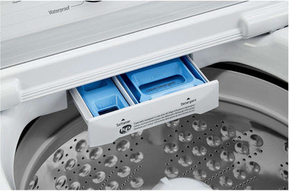 LG WT7005CW manufacturer stock photo, detergent and fabric softener dispenser closeup