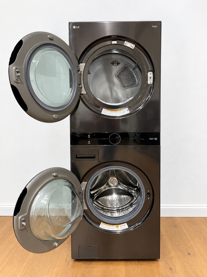 LG WKEX200HBA WashTower with both dryer and washer doors open showing empty drums