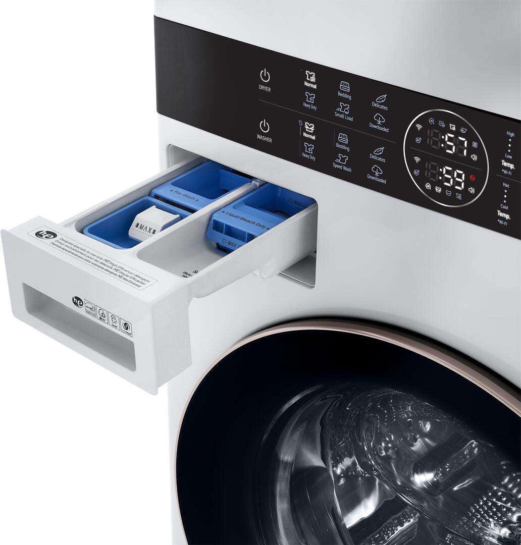 LG WKE100HWA WashTower detergent dispenser drawer and control panel closeup