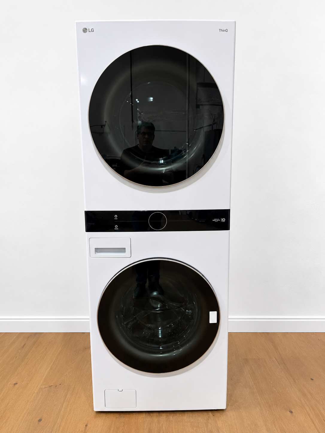 LG WKE100HWA WashTower White front view, dryer on top and washer on bottom