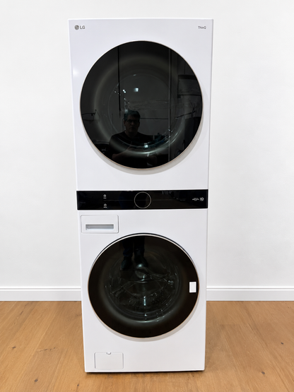 LG WKE100HWA WashTower White front view, dryer on top and washer on bottom