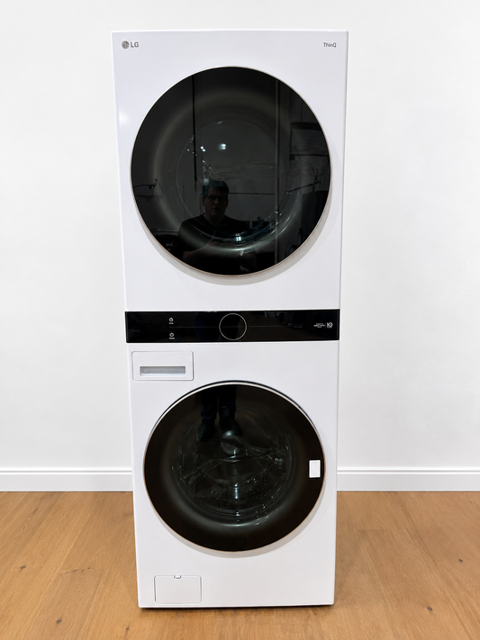 LG WKE100HWA WashTower White front view, dryer on top and washer on bottom