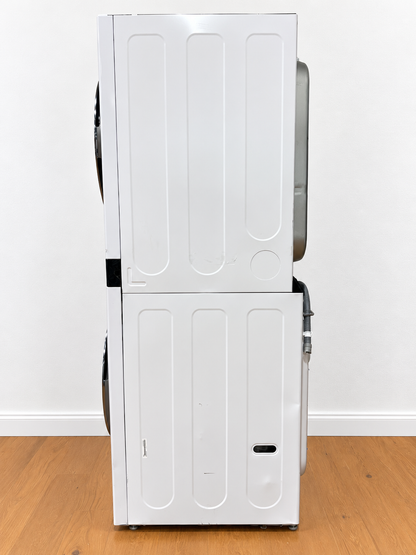 LG WKEX200HWA WashTower with both dryer and washer doors open showing empty drums