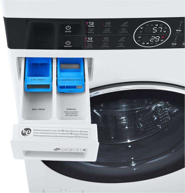 LG WKEX200HWA WashTower detergent dispenser drawer and control panel closeup
