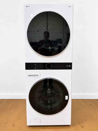 LG WKEX200HWA WashTower White front view, dryer on top and washer on bottom